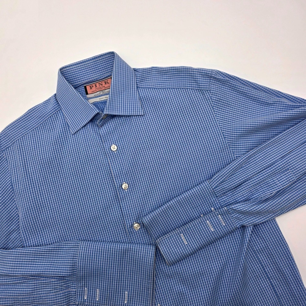 Thomas Pink Slim Fit Dress Shirt Blue White Micro Check French Cuff 15 38cm